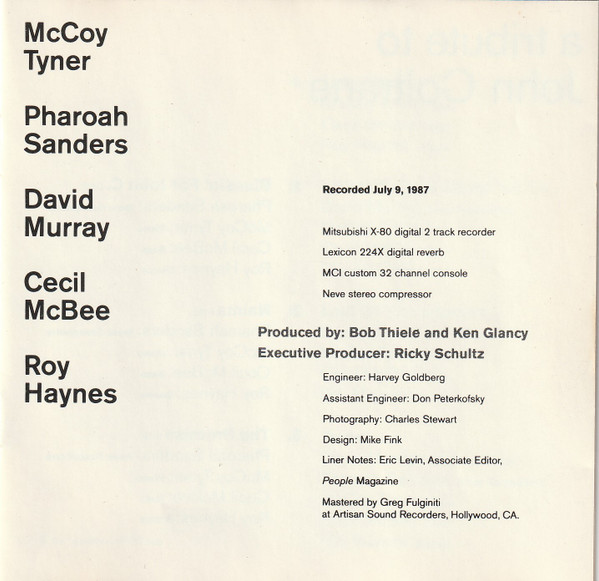 McCoy Tyner / Pharoah Sanders / David Murray / Cecil McBee / Roy Haynes - A Tribute To John Coltrane / Blues For Coltrane (CD, Album, Club) (Near Mint (NM or M-)) - Image 3