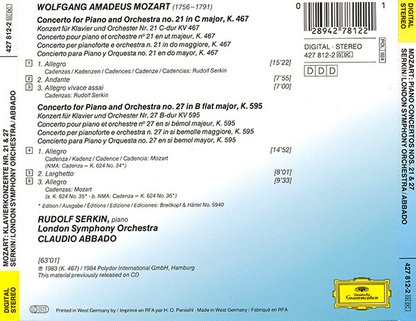 Wolfgang Amadeus Mozart, Rudolf Serkin, London Symphony Orchestra, Claudio Abbado - Klavierkonzerte - Piano Concertos Nos. 21 & 27 (CD, Comp) (Near Mint (NM or M-)) - Image 2