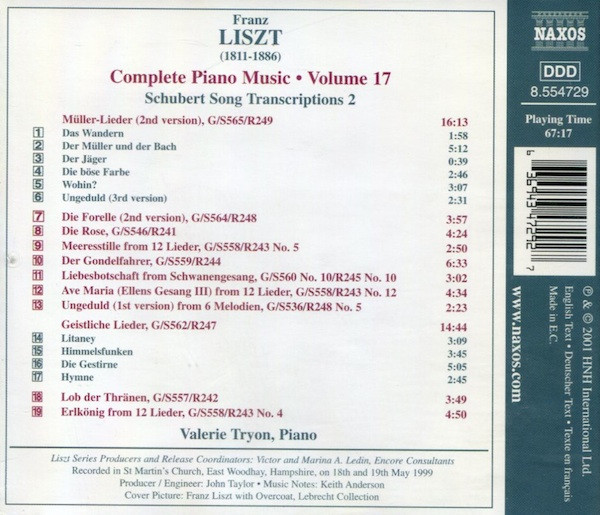 Franz Liszt, Valerie Tryon - Schubert Song Transcriptions 2 (CD, Album) (Near Mint (NM or M-)) - Image 2