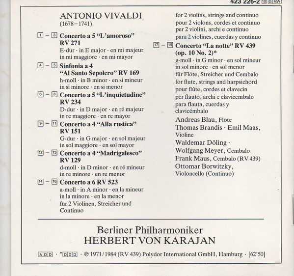 Antonio Vivaldi, Herbert von Karajan, Berliner Philharmoniker - Concerti »L'Amoroso« · »Al Santo Sepolcro« · »L'inquietudine« · »Alla Rustica« · »Madrigalesco« · »La Notte (CD, RM) (Near Mint (NM or M-)) - Image 2