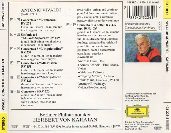 Antonio Vivaldi, Herbert von Karajan, Berliner Philharmoniker - Concerti »L'Amoroso« · »Al Santo Sepolcro« · »L'inquietudine« · »Alla Rustica« · »Madrigalesco« · »La Notte (CD, RM) (Near Mint (NM or M-)) - Image 3