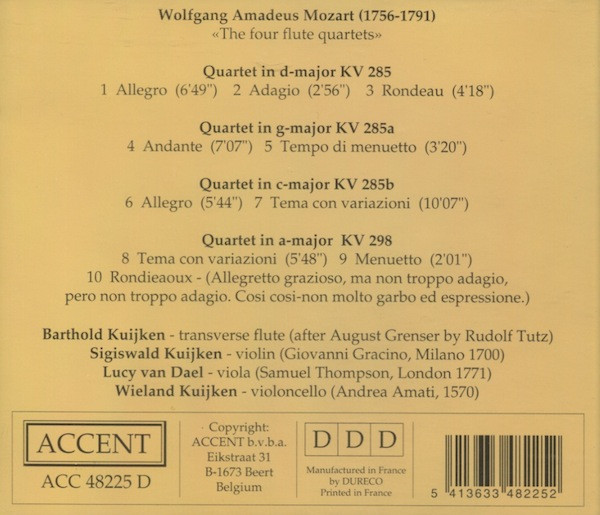 Wolfgang Amadeus Mozart - Barthold Kuijken - Sigiswald Kuijken - Lucy Van Dael - Wieland Kuijken - Flute Quartets (CD, Album) (Near Mint (NM or M-)) - Image 2