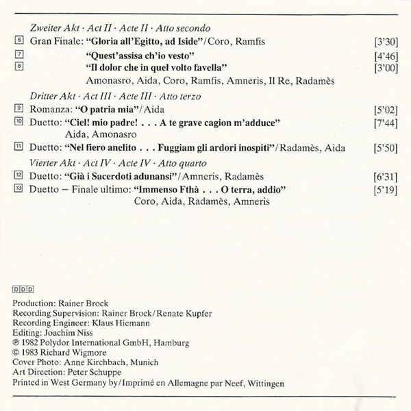 Giuseppe Verdi - Katia Ricciarelli · Placido Domingo · Elena Obraztsova · Leo Nucci · Nicolai Ghiaurov · Ruggero Raimondi · Coro Del Teatro Alla Scala E Orchestra Del Teatro Alla Scala, Claudio Abbado - Aida-Querschnitt-Highlights-Brani Scelti (CD, RE) (Near Mint (NM or M-)) - Image 5