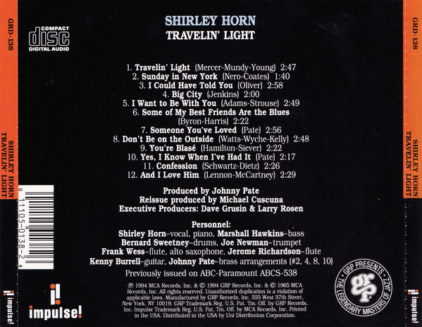 Shirley Horn - Travelin' Light (CD, Album, RE) (Near Mint (NM or M-)) - Image 2