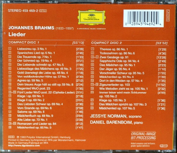 Johannes Brahms, Jessye Norman, Daniel Barenboim - Lieder (2xCD, Comp, RM) (Near Mint (NM or M-)) - Image 2