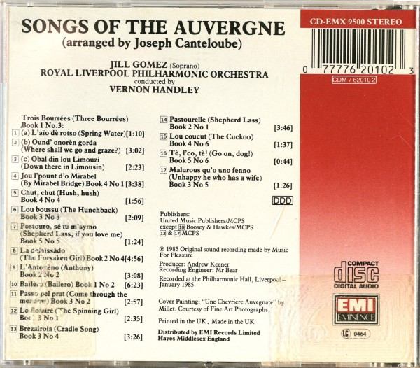 Joseph Canteloube - Jill Gomez, Royal Liverpool Philharmonic Orchestra, Vernon Handley - Songs Of The Auvergne (CD) (Near Mint (NM or M-)) - Image 2