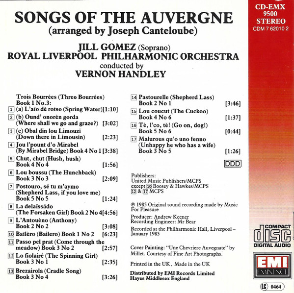 Joseph Canteloube - Jill Gomez, Royal Liverpool Philharmonic Orchestra, Vernon Handley - Songs Of The Auvergne (CD) (Near Mint (NM or M-)) - Image 4