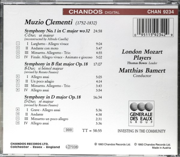 Muzio Clementi - London Mozart Players, Matthias Bamert - Symphony No. 1 / Two Symphonies Op. 18 (CD, Album) (Near Mint (NM or M-)) - Image 2