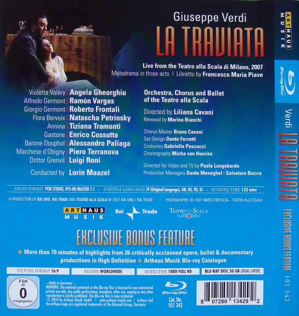 Giuseppe Verdi / Conducted By Lorin Maazel, Angela Gheorghiu, Ramón Vargas, Roberto Frontali , Directed By Liliana Cavani, Orchestra Del Teatro Alla Scala, Coro Del Teatro Alla Scala And Corpo Di Ballo Del Teatro Alla Scala - La Traviata - Live From La Scala, 2007 (Blu-ray, Album, RE, Multichannel) (Near Mint (NM or M-)) - Image 2