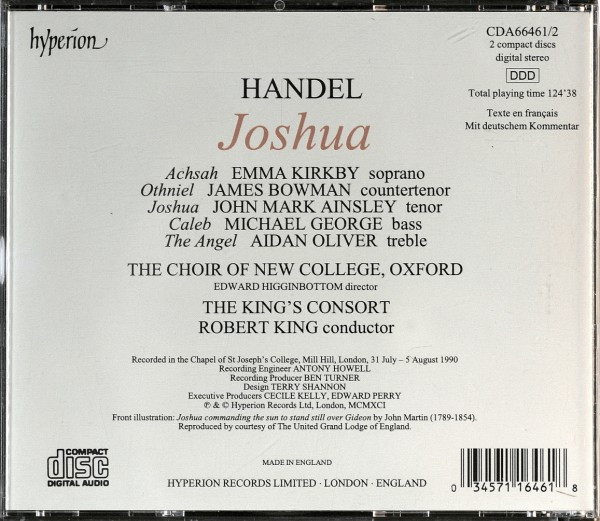 Georg Friedrich Händel - Emma Kirkby, James Bowman (2), Aidan Oliver, John Mark Ainsley, Michael George (3), The New College Oxford Choir, The King's Consort, Robert King (9) - Joshua (2xCD) (Near Mint (NM or M-)) - Image 2