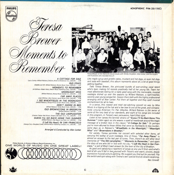 Teresa Brewer - Moments To Remember (LP, Album, Mono) (Mint (M)) - Image 2