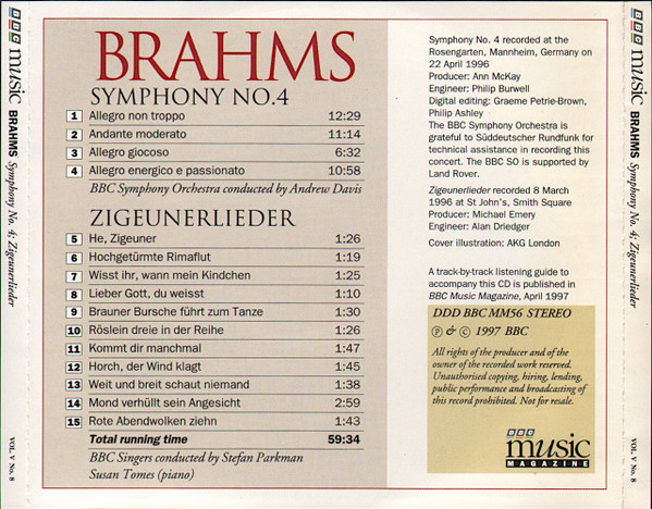 Johannes Brahms - BBC Symphony Orchestra Conducted By Andrew Davis, BBC Singers Conducted By Stefan Parkman - Symphony No. 4 / Zigeunerlieder (CD, Album) (Near Mint (NM or M-)) - Image 2
