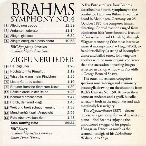 Johannes Brahms - BBC Symphony Orchestra Conducted By Andrew Davis, BBC Singers Conducted By Stefan Parkman - Symphony No. 4 / Zigeunerlieder (CD, Album) (Near Mint (NM or M-)) - Image 5