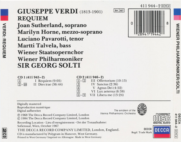 Giuseppe Verdi - Joan Sutherland, Marilyn Horne, Luciano Pavarotti, Martti Talvela, Wiener Staatsopernchor, Wiener Philharmoniker, Georg Solti - Requiem (2xCD, Album, RE, RP) (Mint (M)) - Image 4