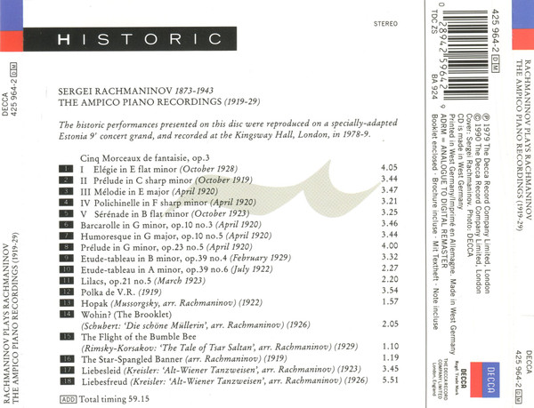 Sergei Vasilyevich Rachmaninoff - Rachmaninov Plays Rachmaninov: The Ampico Piano Recordings (1919-1929) (CD, Comp, RM, RP) (Mint (M)) - Image 2