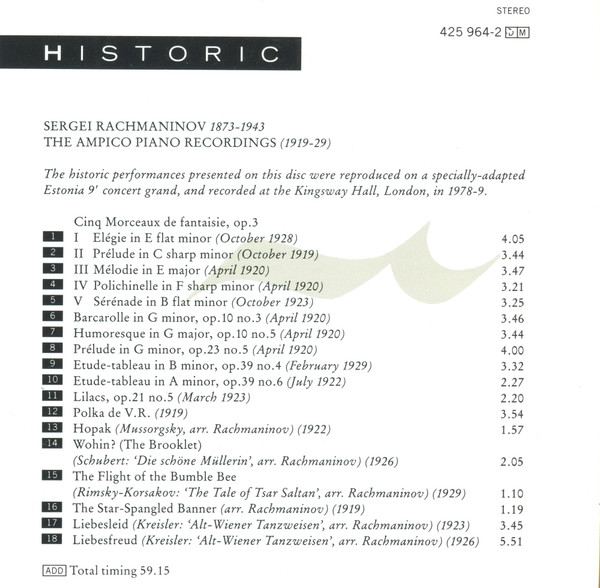 Sergei Vasilyevich Rachmaninoff - Rachmaninov Plays Rachmaninov: The Ampico Piano Recordings (1919-1929) (CD, Comp, RM, RP) (Mint (M)) - Image 5