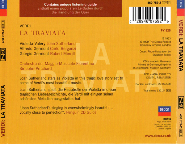 Giuseppe Verdi - Joan Sutherland, Carlo Bergonzi, Robert Merrill - La Traviata (2xCD, Album, RE, RM) (Near Mint (NM or M-)) - Image 4
