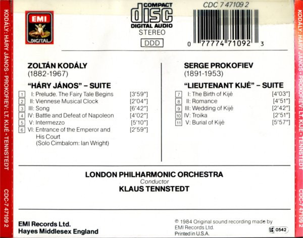 Zoltán Kodály / Sergei Prokofiev : Klaus Tennstedt, London Philharmonic Orchestra - Háry János-Suite / Lieutenant Kijé-Suite (CD) (Near Mint (NM or M-)) - Image 3