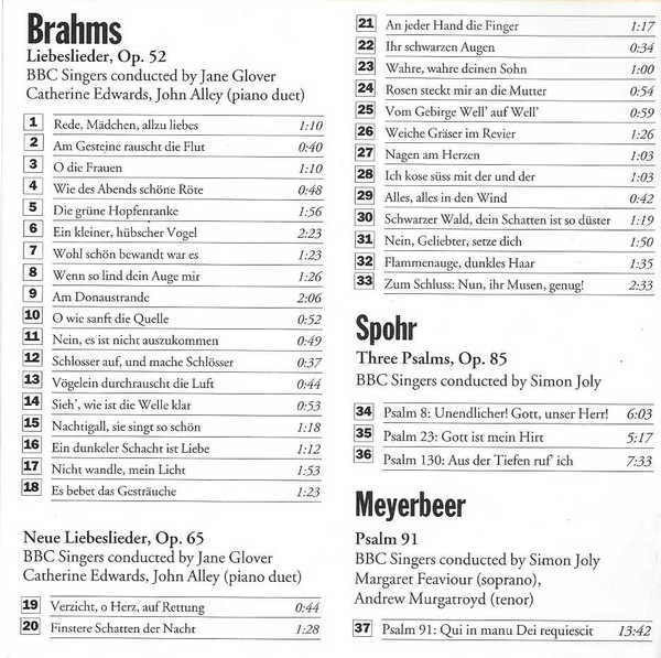 Johannes Brahms / Louis Spohr / Giacomo Meyerbeer, BBC Singers, Jane Glover, Simon Joly - Liebeslieder Waltzes And Neue Liebeslieder / Three Psalms, Op. 85 / Psalm 91 (CD) (Near Mint (NM or M-)) - Image 2
