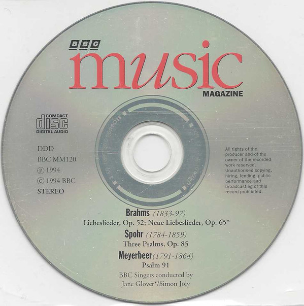 Johannes Brahms / Louis Spohr / Giacomo Meyerbeer, BBC Singers, Jane Glover, Simon Joly - Liebeslieder Waltzes And Neue Liebeslieder / Three Psalms, Op. 85 / Psalm 91 (CD) (Near Mint (NM or M-)) - Image 4
