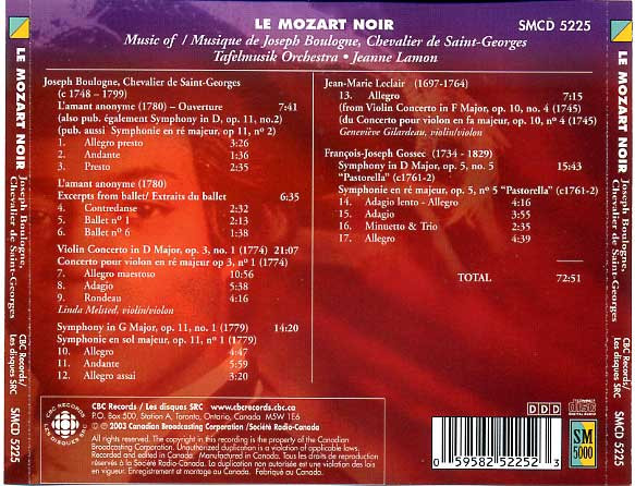 Joseph Boulogne, Chevalier De Saint-Georges, Jean-Marie Leclair, François-Joseph Gossec - Tafelmusik Baroque Orchestra, Jeanne Lamon - Le Mozart Noir (CD, Album) (Near Mint (NM or M-)) - Image 2