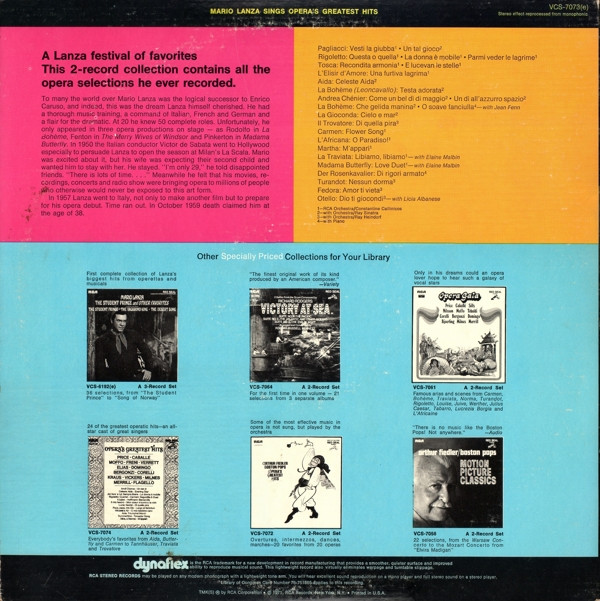 Mario Lanza - Mario Lanza Sings Opera's Greatest Hits (2xLP, Comp) (Mint (M)) - Image 2