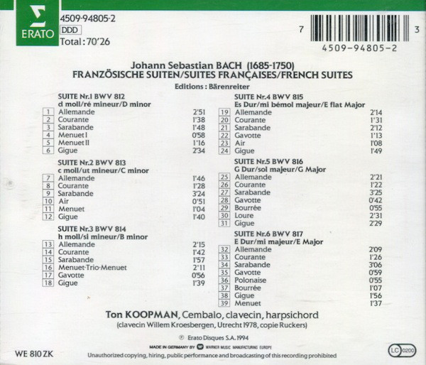 Johann Sebastian Bach, Ton Koopman - Französische Suiten (CD, Album) (Near Mint (NM or M-)) - Image 2