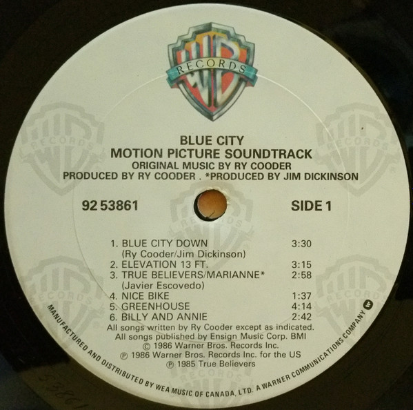 Ry Cooder - Blue City - Motion Picture Soundtrack (LP, Album) (Mint (M)) - Image 2