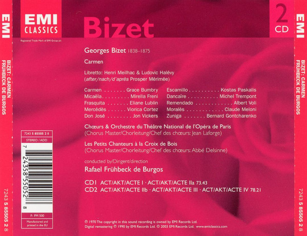 Georges Bizet / Grace Bumbry • Jon Vickers • Mirella Freni • Choeur Du Théâtre National De Paris & Orchestre National De L'Opéra De Paris • Rafael Frühbeck De Burgos - Carmen (2xCD, Album, RE, RM) (Near Mint (NM or M-)) - Image 3