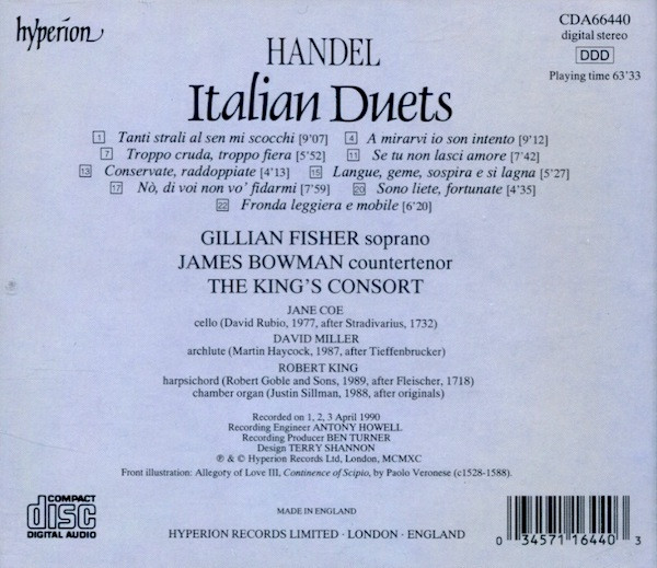 Georg Friedrich Händel, Gillian Fisher, James Bowman (2), The King's Consort - Italian Duets (CD, Album) (Near Mint (NM or M-)) - Image 2
