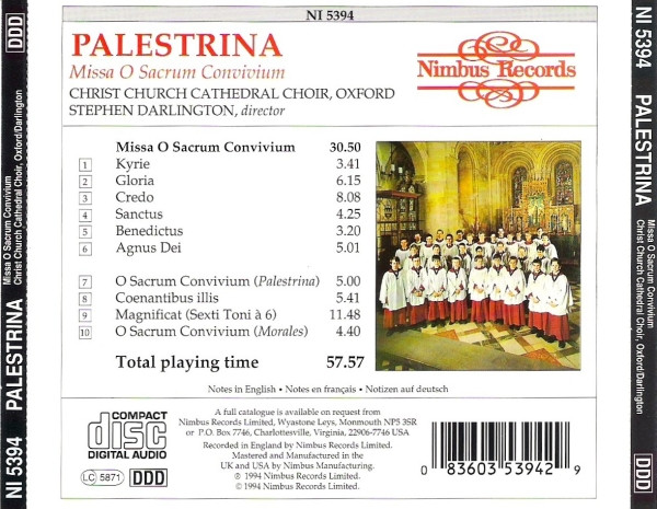 Giovanni Pierluigi da Palestrina, The Choir Of Christ Church Cathedral, Stephen Darlington - Missa O Sacrum Convivium (CD, Amb, UHJ) (Near Mint (NM or M-)) - Image 2