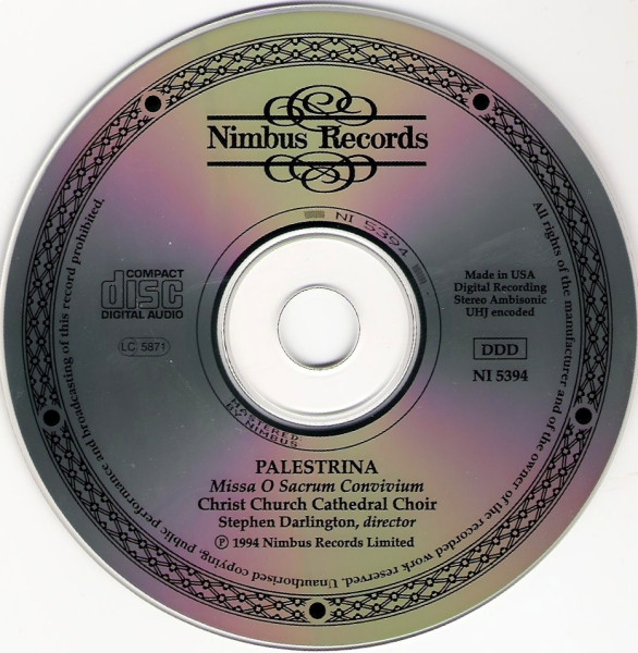 Giovanni Pierluigi da Palestrina, The Choir Of Christ Church Cathedral, Stephen Darlington - Missa O Sacrum Convivium (CD, Amb, UHJ) (Near Mint (NM or M-)) - Image 4