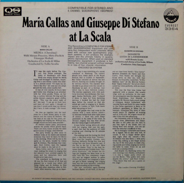 Maria Callas, Giuseppe di Stefano - Maria Callas And Giuseppe Di Stefano At La Scala (LP, Comp, Quad) (Mint (M)) - Image 2