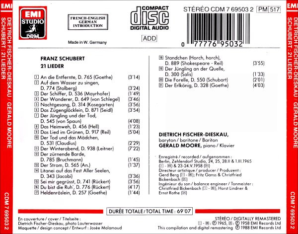 Franz Schubert - Dietrich Fischer-Dieskau - 21 Lieder (CD, Comp, RM) (Near Mint (NM or M-)) - Image 2