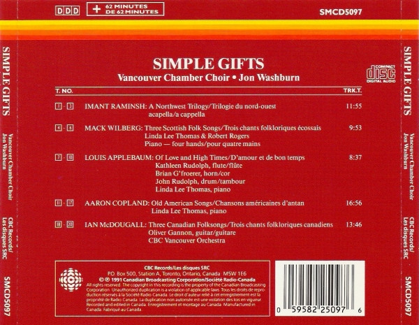 Vancouver Chamber Choir, Jon Washburn - Simple Gifts (CD) (Near Mint (NM or M-)) - Image 2