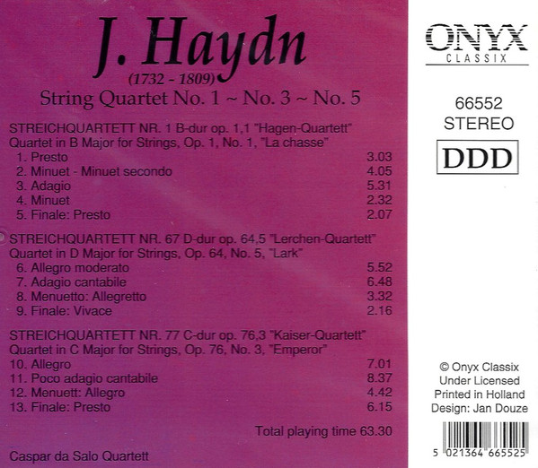Joseph Haydn - Caspar da Salo Quartet - String Quartet No. 1 - No.3 - No. 5 (CD) (Near Mint (NM or M-)) - Image 2
