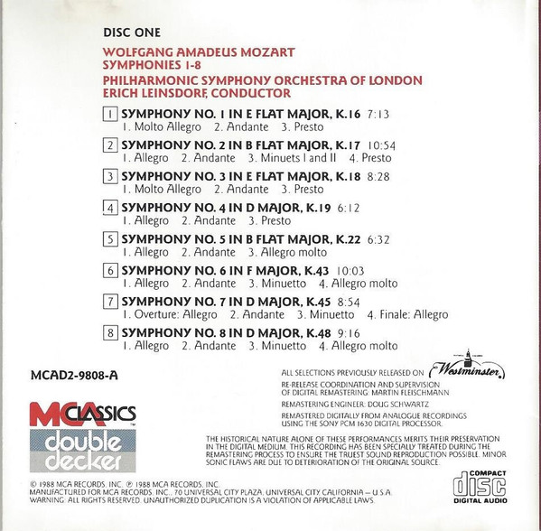 Wolfgang Amadeus Mozart – Philharmonic Symphony Of London, Erich Leinsdorf - The First Fifteen Symphonies (2xCD, Comp, RE, RM) (Near Mint (NM or M-)) - Image 3