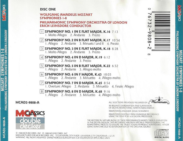 Wolfgang Amadeus Mozart – Philharmonic Symphony Of London, Erich Leinsdorf - The First Fifteen Symphonies (2xCD, Comp, RE, RM) (Near Mint (NM or M-)) - Image 5