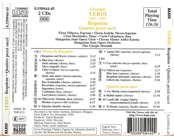 Giuseppe Verdi, Elena Filipova, Gloria Scalchi, César Hernández (3), Carlo Colombara, Hungarian State Opera Choir And Hungarian State Opera Orchestra, Pier Giorgio Morandi - Requiem (Quattro Pezzi Sacri) (2xCD) (Near Mint (NM or M-)) - Image 2
