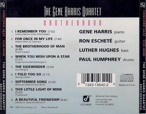 The Gene Harris Quartet - Brotherhood (CD, Album) (Near Mint (NM or M-)) - Image 2