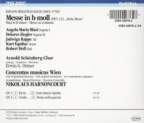 Johann Sebastian Bach / Angela Maria Blasi, Delores Ziegler, Jadwiga Rappé, Kurt Equiluz, Robert Holl, Arnold Schoenberg Chor, Concentus Musicus Wien, Nikolaus Harnoncourt - Messe In H-Moll / Mass In B-Minor / Messe En Si-Mineur BWV 232 (2xCD, Album) (Near Mint (NM or M-)) - Image 2