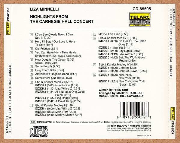 Liza Minnelli - Highlights From The Carnegie Hall Concerts (CD, Comp) (Near Mint (NM or M-)) - Image 2