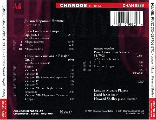 Johann Nepomuk Hummel - London Mozart Players, Howard Shelley - Piano Concerto In F Major / Theme And Variations In F Major / Piano Concerto In A Major (CD, Album) (Near Mint (NM or M-)) - Image 3