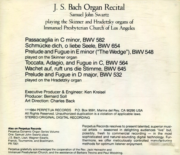 Johann Sebastian Bach, Samuel John Swartz - Organ Recital (CD, Album) (Near Mint (NM or M-)) - Image 2