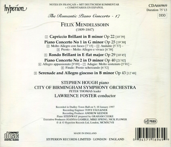 Felix Mendelssohn-Bartholdy, Stephen Hough, City Of Birmingham Symphony Orchestra, Lawrence Foster - Piano Concerto No 1 In G Minor / Piano Concerto No 2 In D Minor / Capriccio Brillant, Op 22 / Rondo Brillant, Op 29 / Serenade And Allegro Giocoso, Op 43 (CD, Album) (Near Mint (NM or M-)) - Image 2
