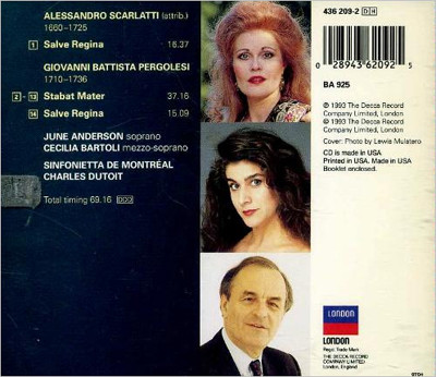 Giovanni Battista Pergolesi / Alessandro Scarlatti, June Anderson, Cecilia Bartoli, Sinfonietta De Montréal, Charles Dutoit - Stabat Mater / Salve Regina (CD, Album) (Near Mint (NM or M-)) - Image 2