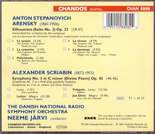 Alexander Scriabine, Anton Stepanovich Arensky - Danmarks Radios Symfoniorkester, Neeme Järvi - Symphony No.3; Silhouettes (CD, Album) (Near Mint (NM or M-)) - Image 2