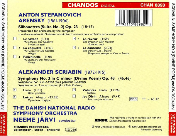 Alexander Scriabine, Anton Stepanovich Arensky - Danmarks Radios Symfoniorkester, Neeme Järvi - Symphony No.3; Silhouettes (CD, Album) (Near Mint (NM or M-)) - Image 3