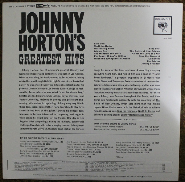 Johnny Horton - Johnny Horton's Greatest Hits (LP, Comp, RE) (Mint (M)) - Image 2