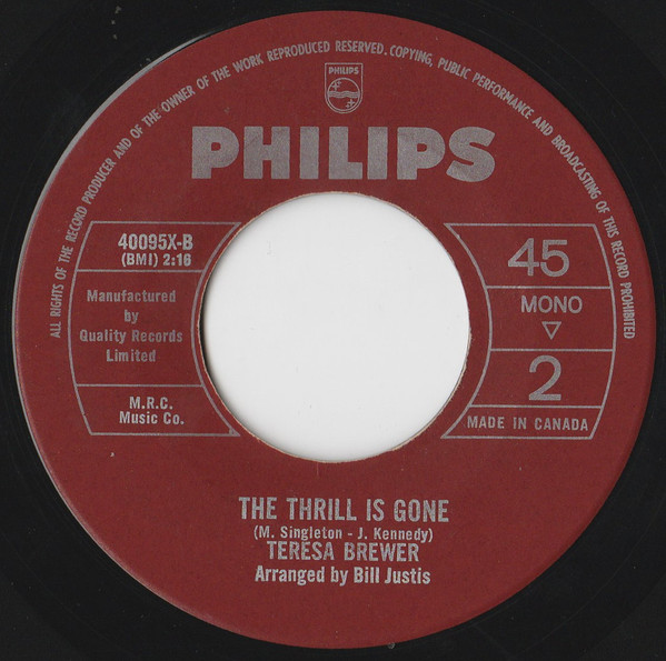 Teresa Brewer - She'll Never Never Love You / The Thrill Is Gone (7", Single) (Very Good Plus (VG+)) - Image 2